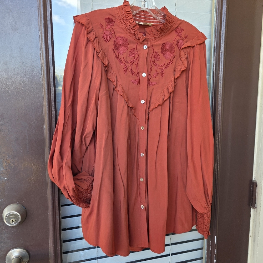 Sz S Listicle Rust Long Sleeves Shirt Embroidery Ruffles Pockets Floral Details - Picture 7 of 12